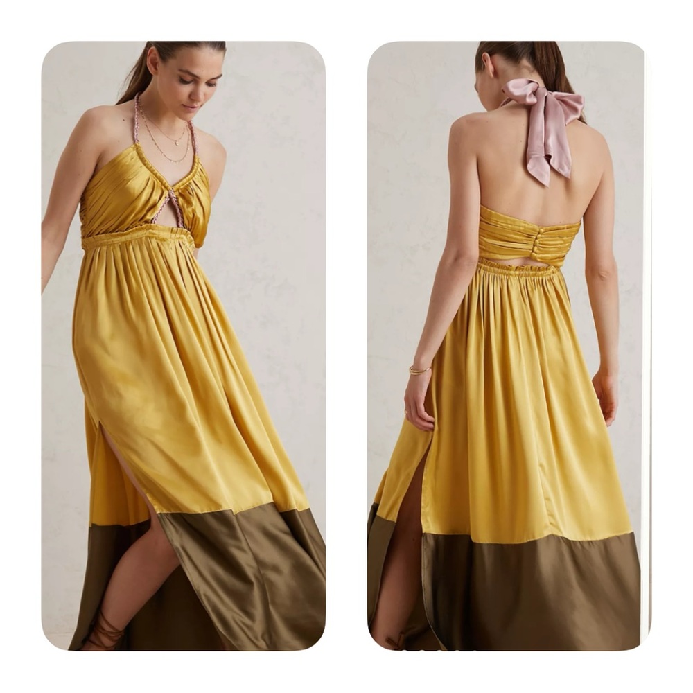 Anthropologie Silk Colorblocked Yellow Brown Maxi Dress $248